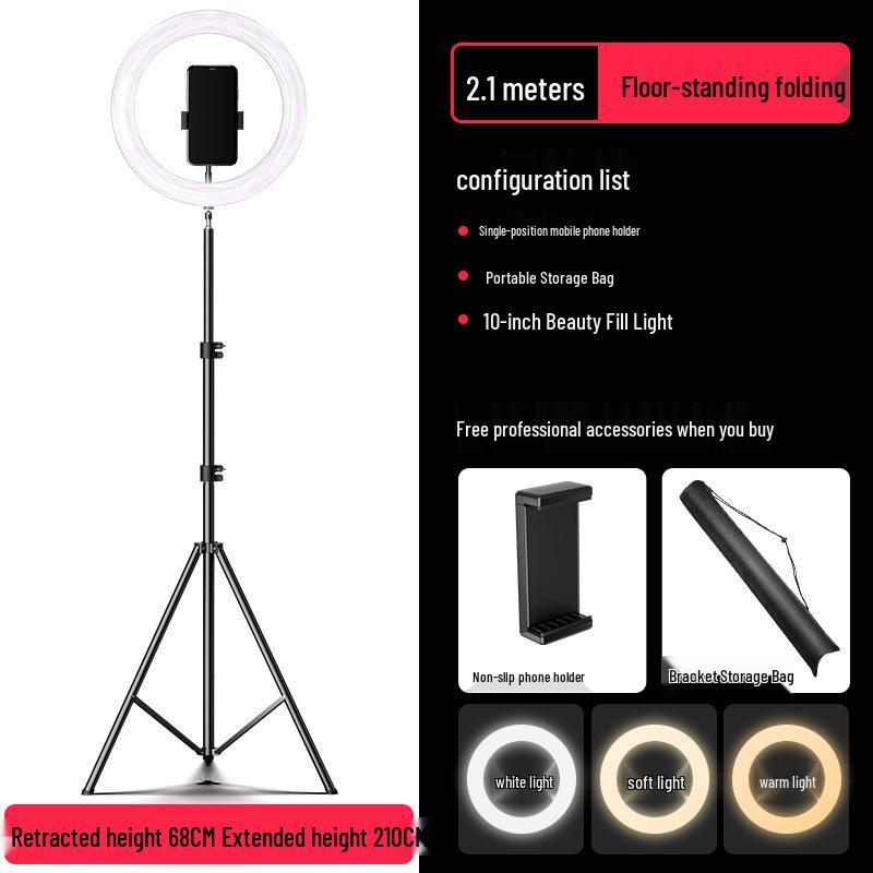 Mobile Live Streaming Floor Stand & 10" Fill Light with Retractable Thermometer Phone Clip