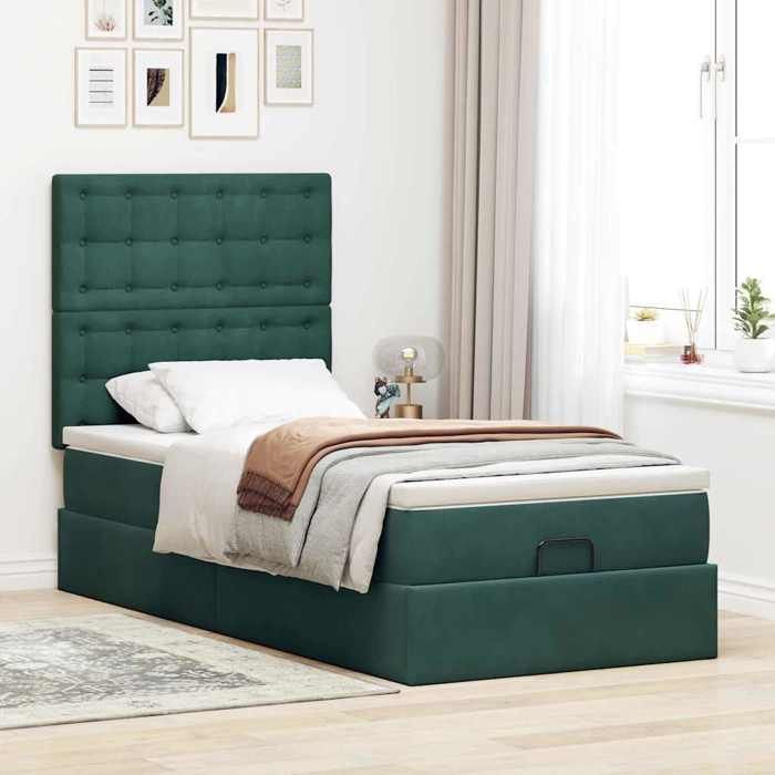 VidaXL Ottoman Bed Frame with Dark Green Mattress 90x200 Cm Velvet, Bed Frame, Upholstered Bed Frame, Bed Frame 3313592