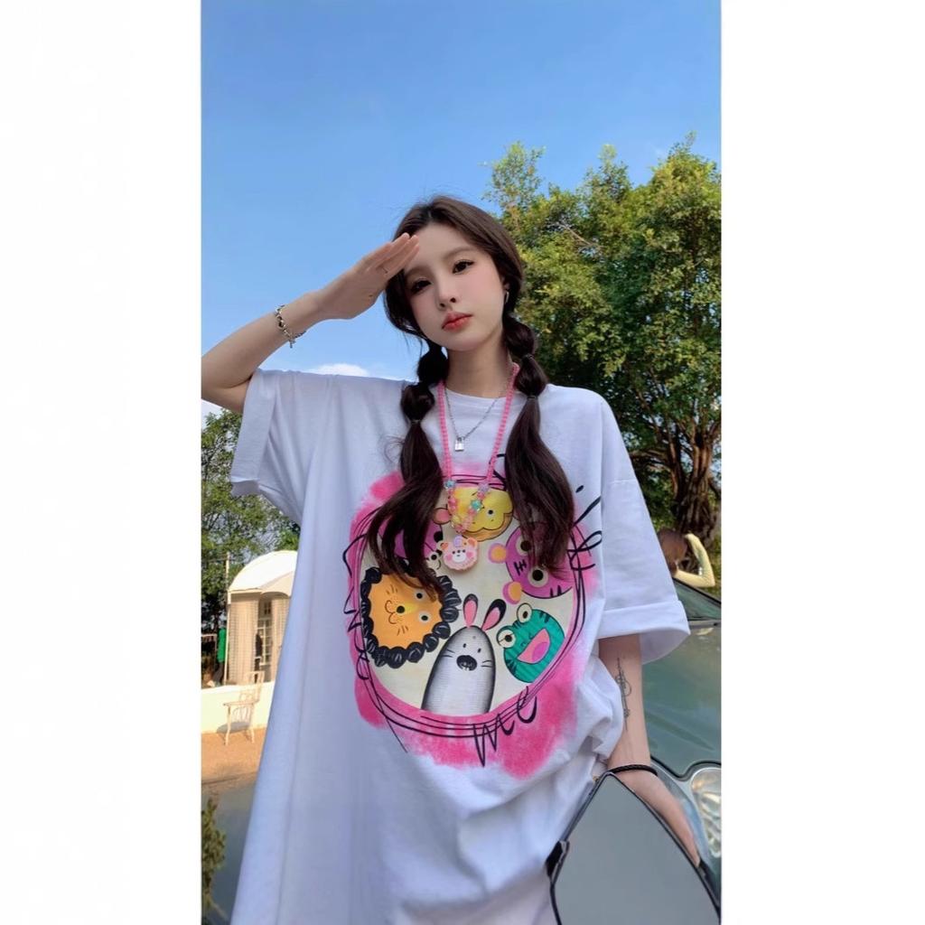 Women's Short Sleeve Tee O Neck Trendy Top Plus Size Cartoon Print Loose Cotton T-Shirt