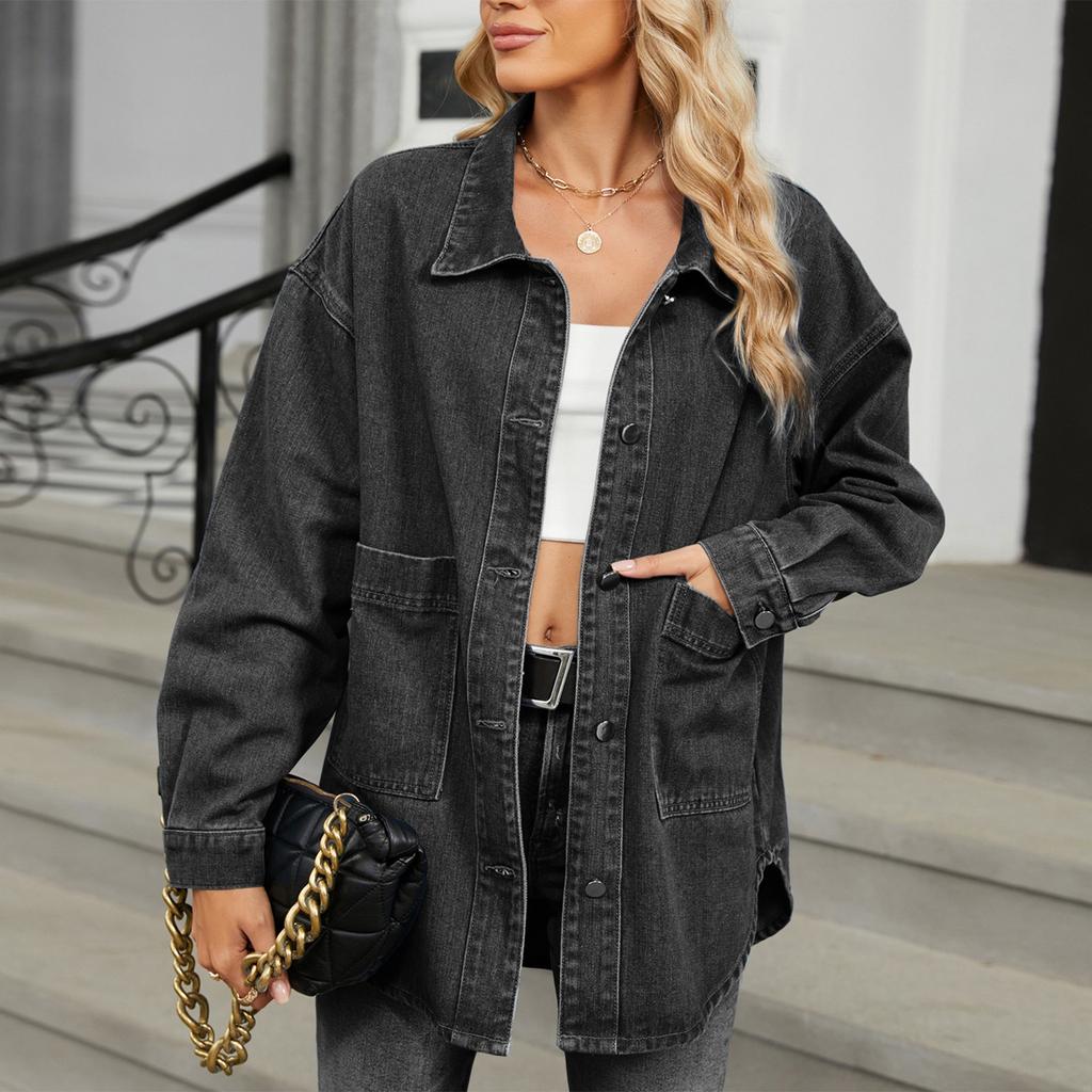 Women's Fashionable Versatile Classic Retro Solid Color Lapel Long Sleeved Pocket Loose Denim Jacket