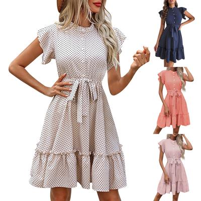 Women's Summer Temperament Polka Dot Ruffle Sleeve Dress Summer Button Shirt Tie Waist Drawstring A-line Dresses
