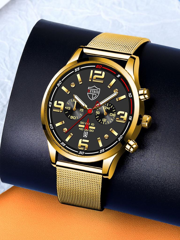 Men'S Watch Stainless Steel Mesh Strap Handsome Calendar Luminous Quartz Watch