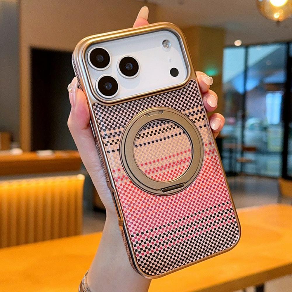 

For iPhone 17 Pro Magnetic Case Kickstand Electroplated PC + PU Leather Phone Back Cover