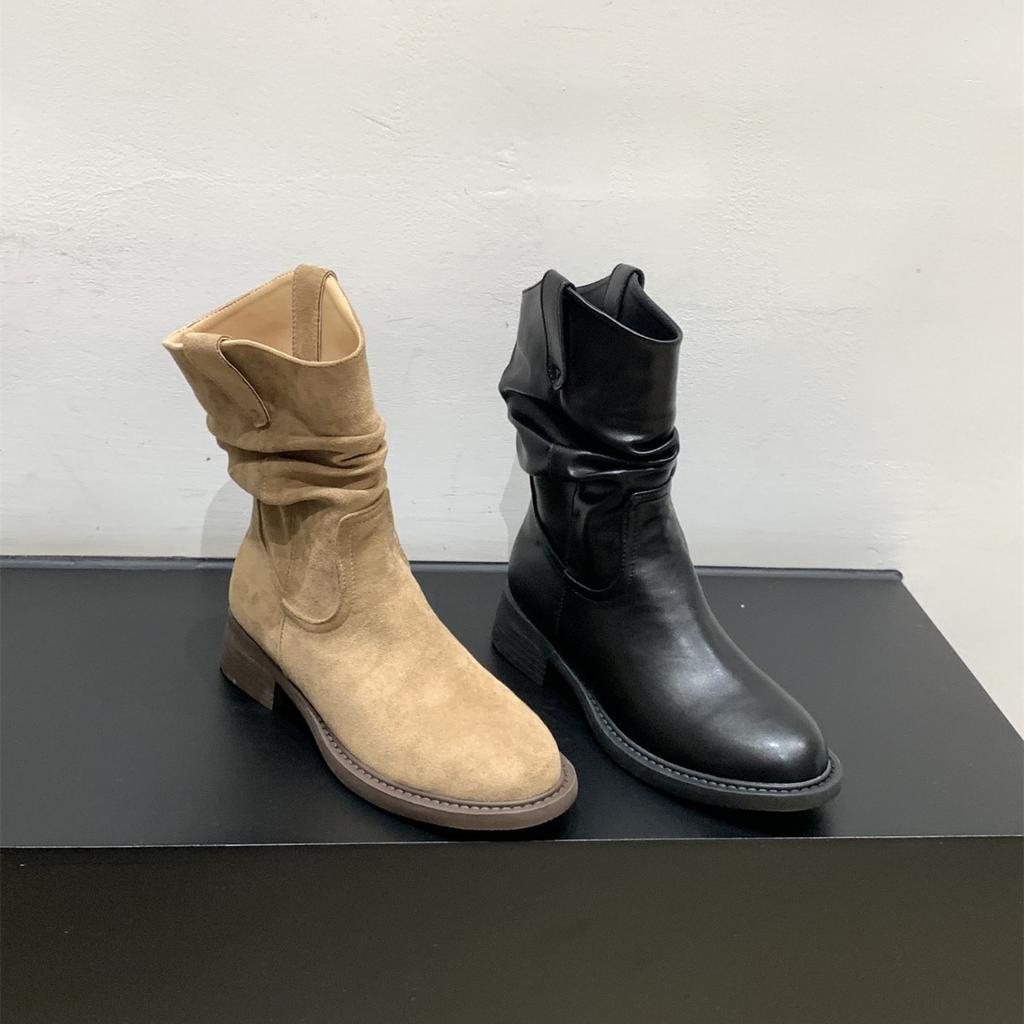 Thick-soled V-mouth thin medium boots women's shoes 2025 spring and autumn single boots western cowboy pile short boots Martin boots