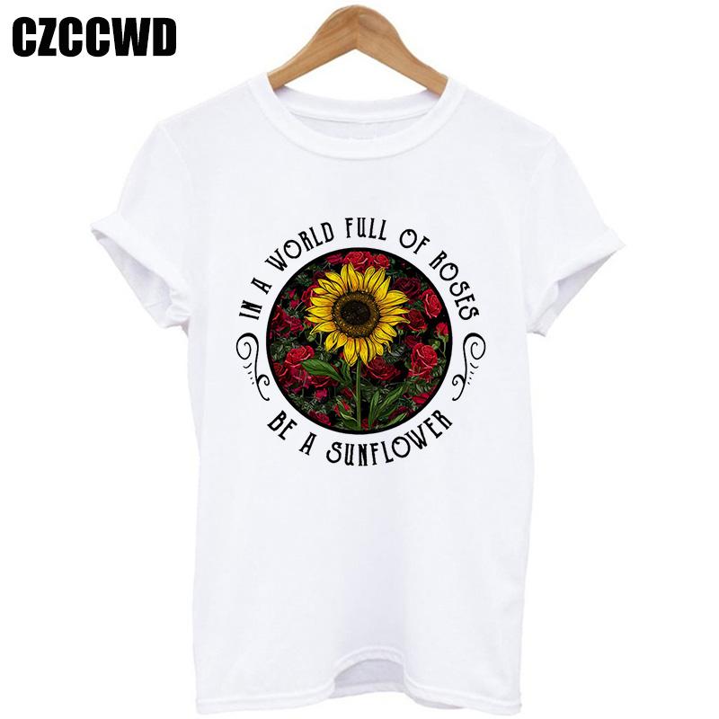 Sunflower Bee Kind Yellow Women Tshirt Aesthetics Graphic Short Sleeve Cotton Polyester T Shirts Female Camisetas Verano Mujer