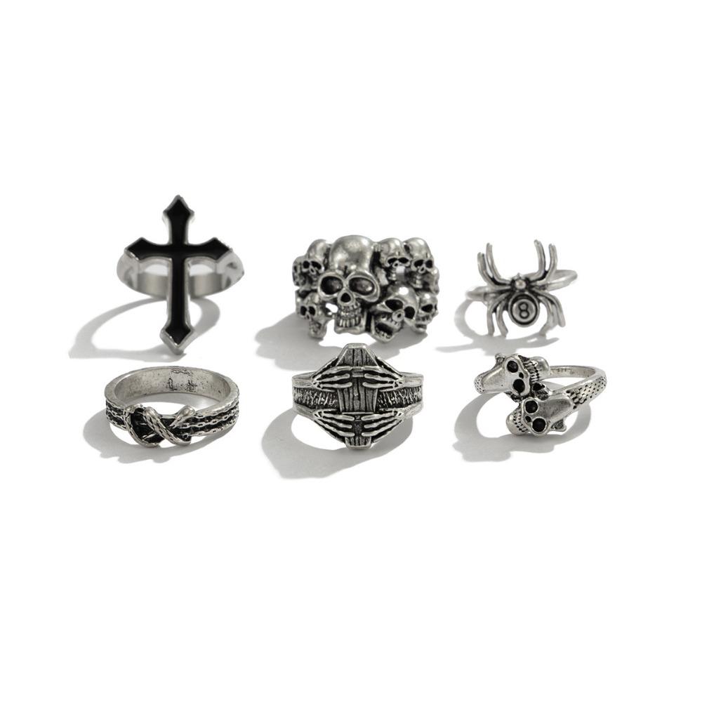 6pcs/Set Punk Men Ring Set Goth Skeleton Rings Vintage Halloween Ring Set  Men