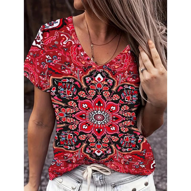 Fashion Women's V-Neck T-Shirt Summer Outdoor Street Trend Short Sleeve Tops Floral Printed Patterns OverSize Loose  Clothing