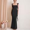 Summer New Mesh Suspender Dress, European and American Sexy Backless Square Neck Pleated Streamer Waist and Thin Dress