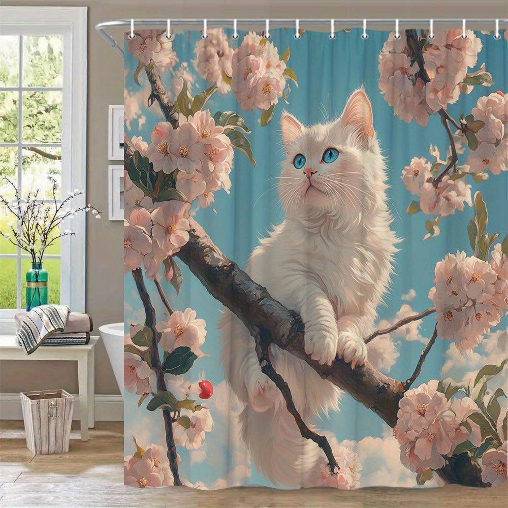 1Pc Fluffy White Cat Cherry Blossom Shower Curtain - Blue Eyes, Pink Flowers, Realistic Tree Branch Design, Polyester With