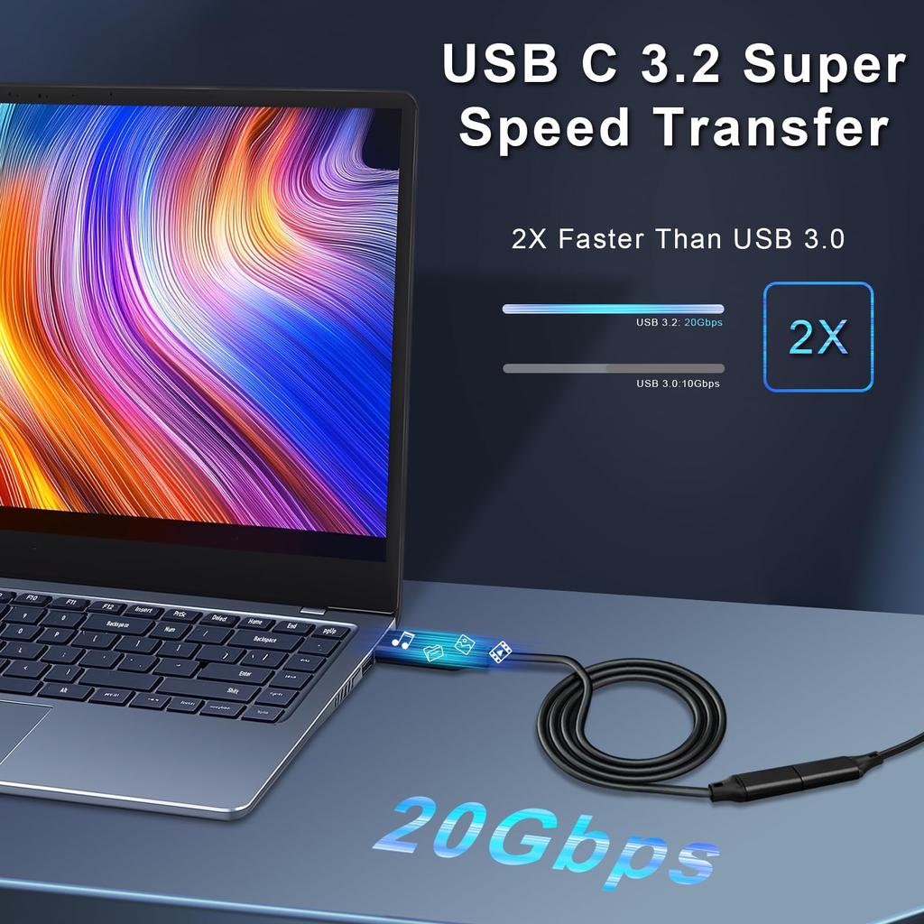 Renvmexy USB C Extension Cable 10Gbps USB Extension Cord Video Output 100W PD Fast Charging 5A Data Transfer Hard Drive Expansion Monitor Connection