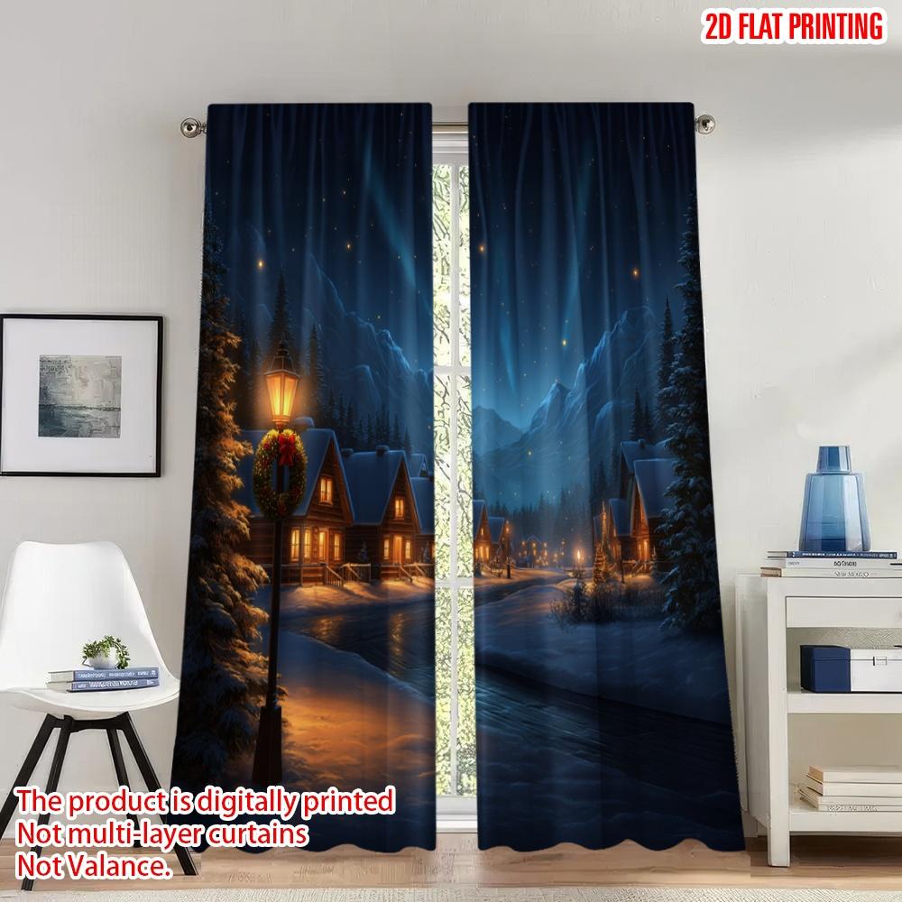 

2pcs 2D flat printing Merry Christmas Trendy Curtains Cozy Winter Village Snowy Mountain Digital Printed Polyester Drapes Spring 100*130 HOOK 1pcs