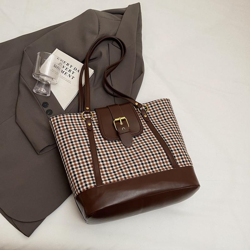 Karierte Umhängetasche mit großer Kapazität für Damen im Vintage-Stil, Einkaufstasche, Rucksack