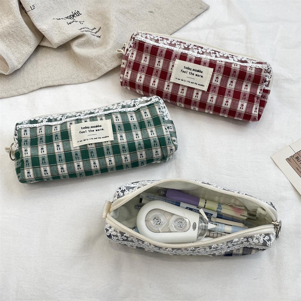 Cherry Plaid Storage Bag Large Capacity Multifunctional Makeup Bag Large Capacity Pen Bag Brand New For Makeup Travel Office