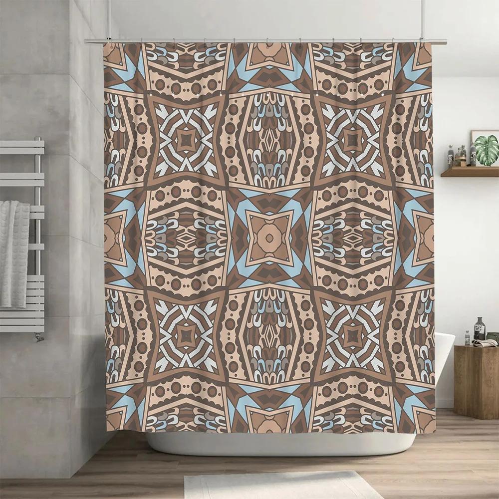 Modern geometric bathroom shower curtain with blue accents for a stylish update in your home's decor.