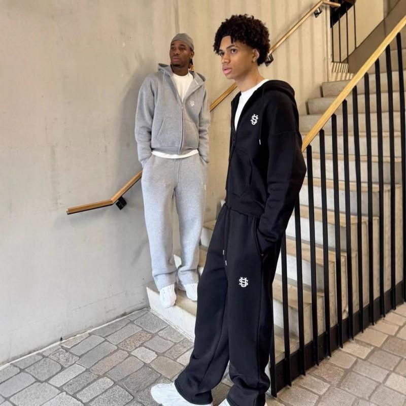 Unisex Oversized Zip-Up Hoodie Set With Embroidery Sportswear Teens Casual Streetwear 2025