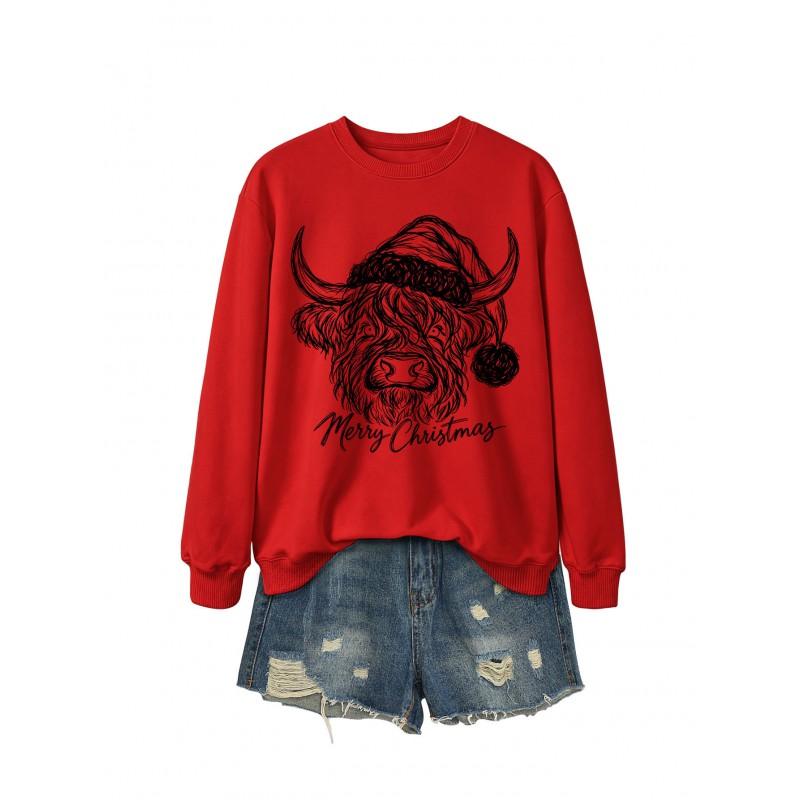 Womens Casual Fashion Christmas Yak Head Print Crewneck Sweatshirt Regular Fit Daily Wear