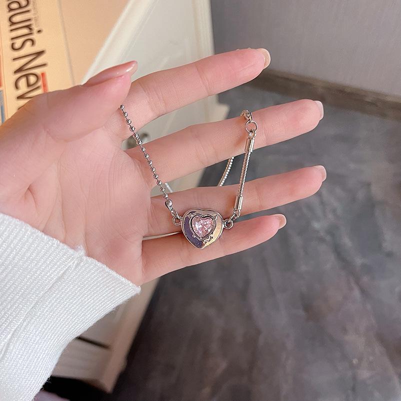 Transparent powder love necklace ins design temperament sweater chain rhinestone necklace Japanese and Korean collarbone chain