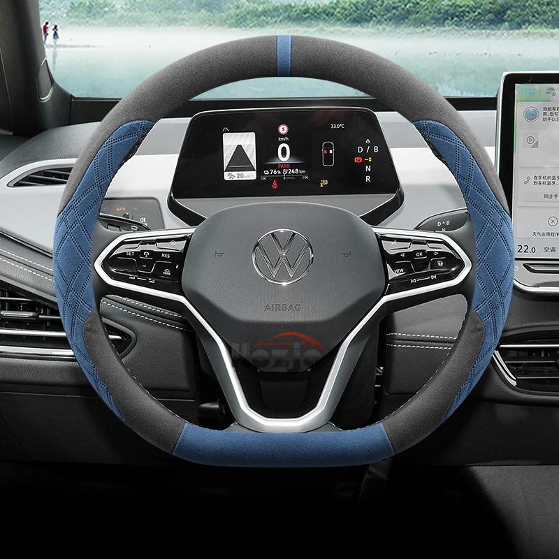 Suede Car Steering Wheel Cover for Volkswagen T-ROC R Taigo Touareg R Atlas R Taos T-Cross 2018 - 2023 2024 2025 Accessories