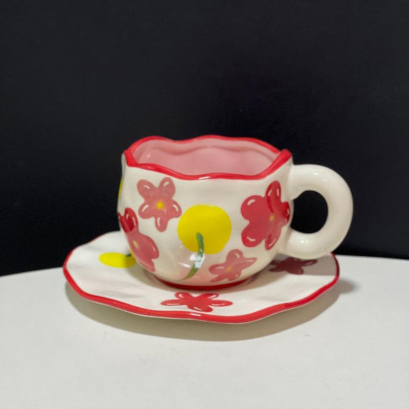 Small Fresh Hand-Painted Flower Ceramic Coffee Cup Saucer Creative Personality Hand-Squeezed Irregular Afternoon Tea Cup Saucer Set 300ml