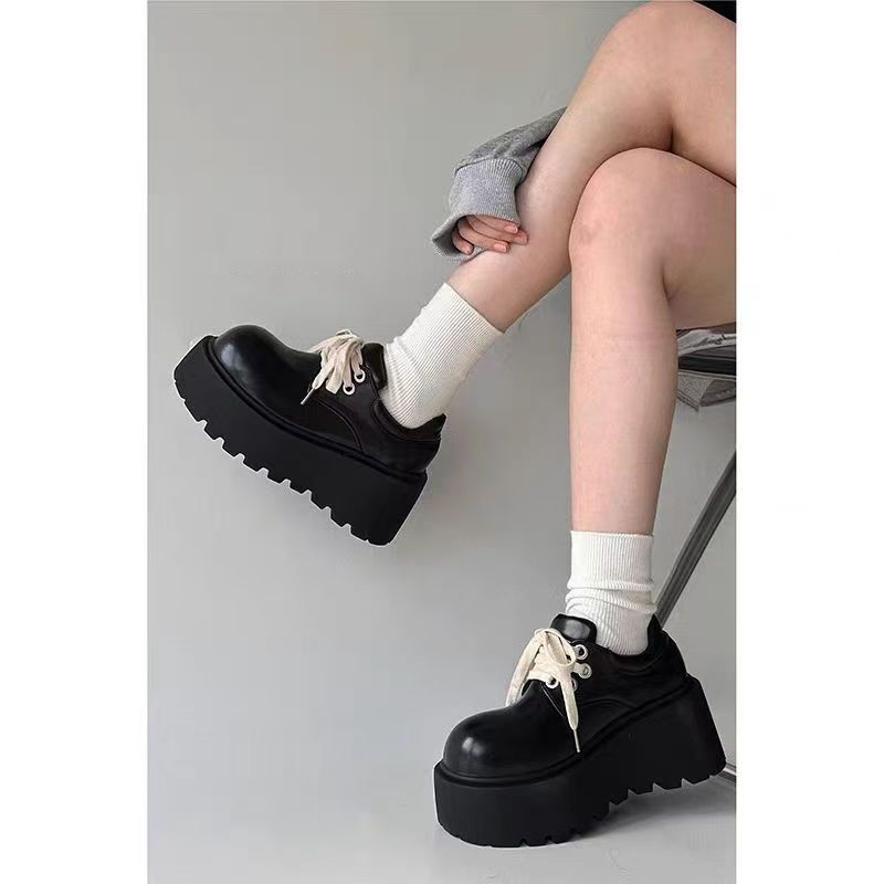 Lace-up big head muffin heightening small leather shoes 2025 autumn and winter new British retro black platform jk loafers women