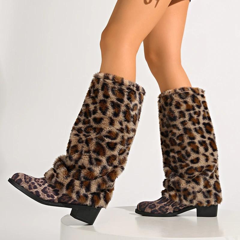 Modische Langstiefel mit Leopardenmuster für Damen Winter High Heels Knielange Stiefel Damen Übergröße 42 Zum Hineinschlüpfen Dicke Absätze Botas