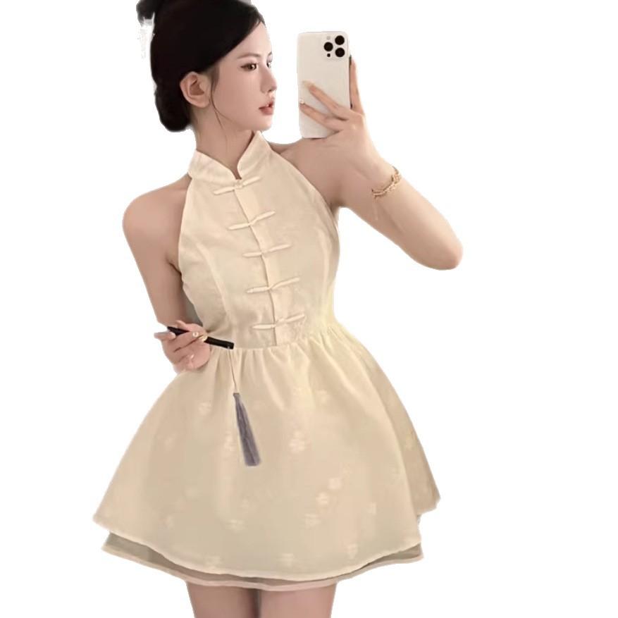 Neck Dress Women's Summer New Super Fairy Pure Desire French Ruffle Leaf Edge Waist Short Skirt Niche Temperament