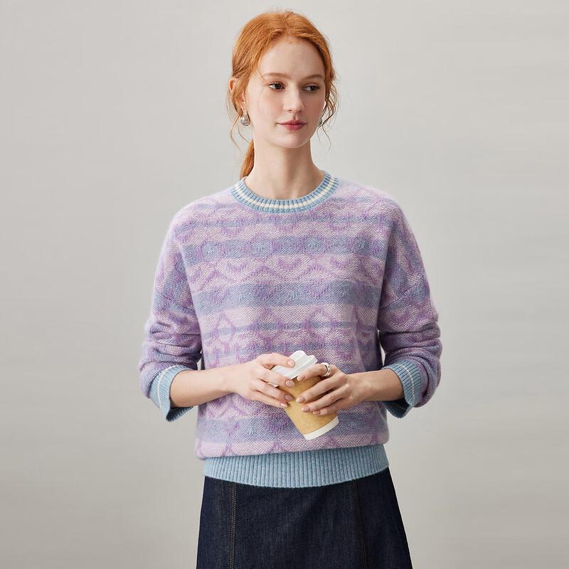 Komonboka Women's 100% Cashmere Crewneck Jacquard Knit Sweater