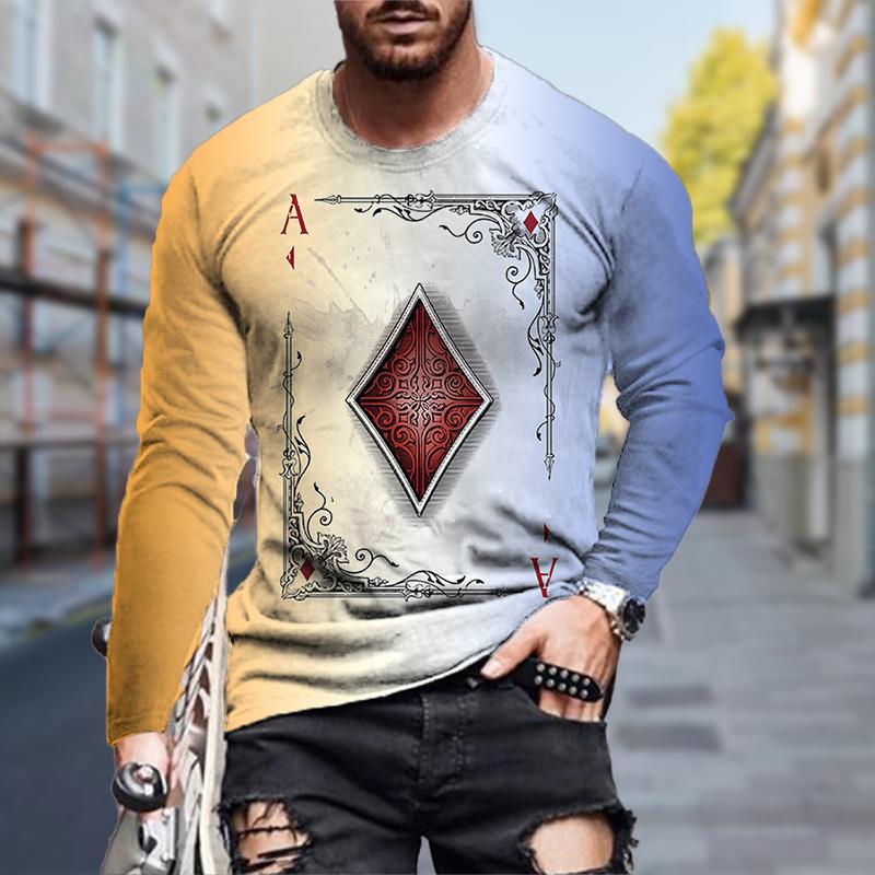 New 3D Central Poker Print Mens Tshirts Long Sleeve Tees Round Neck Casual Pullover Mens Clothing Plus Size