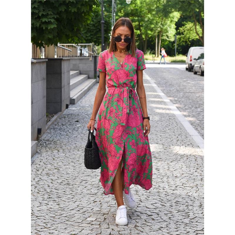 Holiday Polka Dot Print Strap Waist V-neck Mid-length Short-sleeved Dress