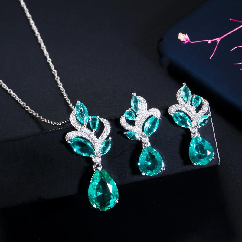 Chic Bright Blue Waterdrop CZ Cubic Zircon Crystal Leaf Pendant Necklace and Earrings Ladies Jewelry Set Fashion Korean Style