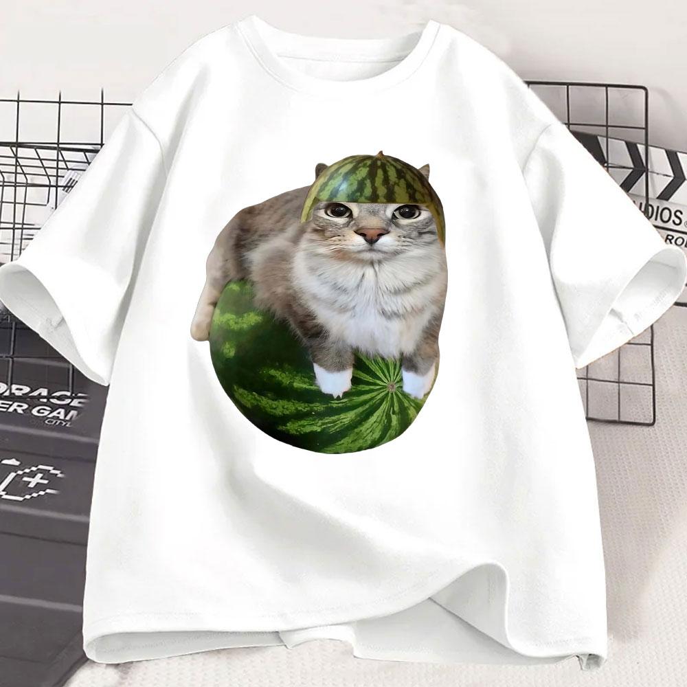 Watermelon Cat Silly Cat Funny Meme T Shirts Men's Women Clothing Casual Cotton T-shirt Fashion Short Sleeve Oversized T-shirts