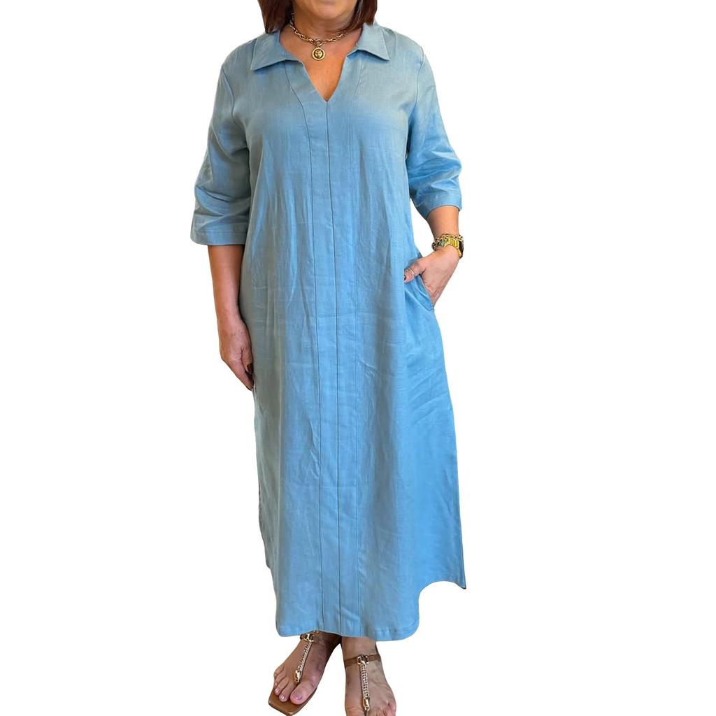 Women's Fashionable Loose-Fit V-Neck Casual Cotton-Linen Blend Shirt Dress
