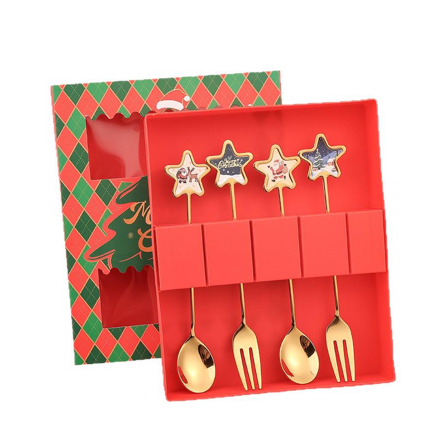 Christmas Cartoon Stainless Steel Spoon & Fork Set – Festive Cutlery with Gift Box