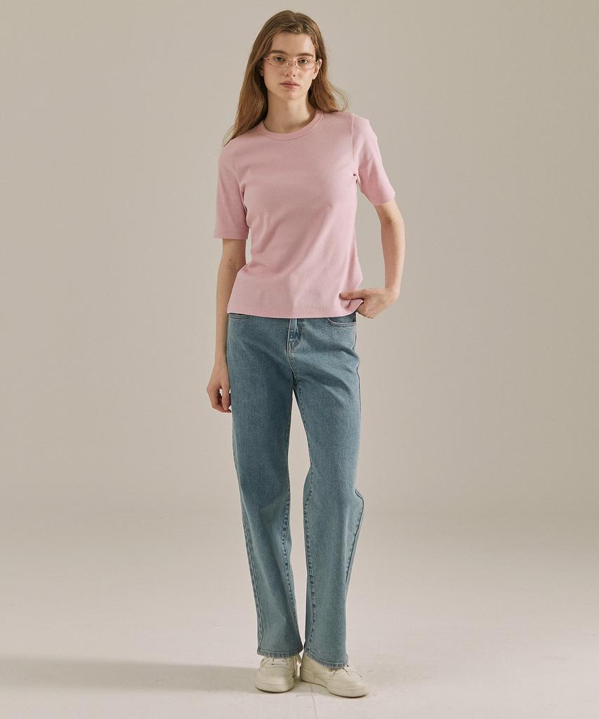 BASIC HOUSE Women'S Ribbed Short Sleeve T-Shirt Pink Lyts3201