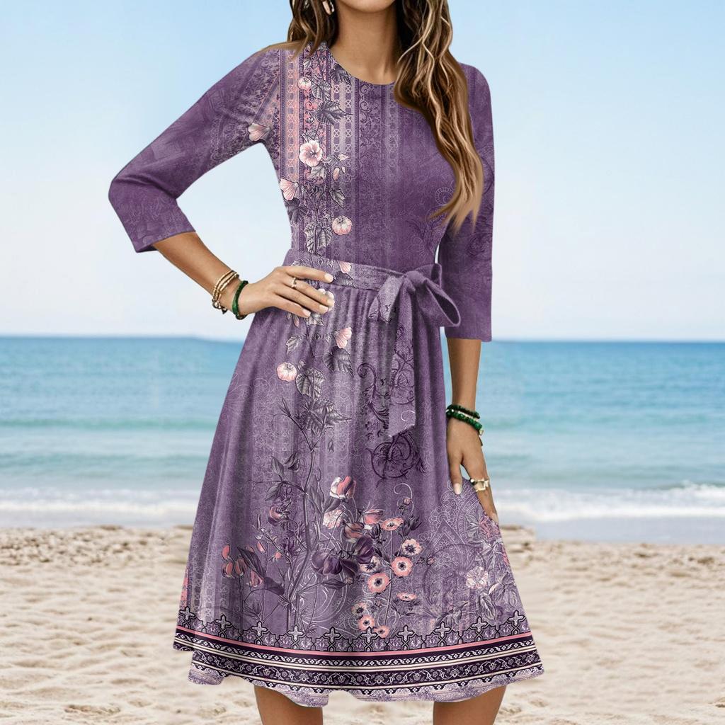 Women's Fashion Casual Waistband Seven Sleeve Round Neck Floral Flowy Dresses