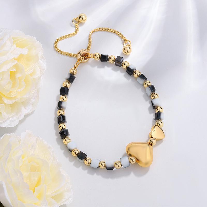 Copper Gold Plated Heart & Artificial Crystal Bead Elastic Bracelet for Women
