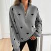 2026 Autumn Women's New European and American Knitted Long-sleeved Love Pattern Zipper Sweater