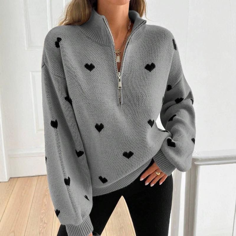 2026 Autumn Women's New European and American Knitted Long-sleeved Love Pattern Zipper Sweater