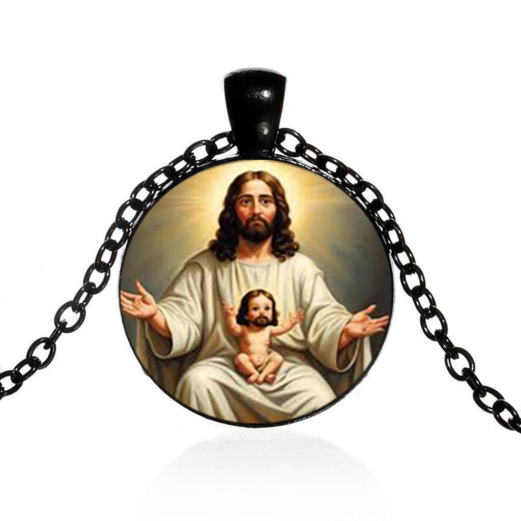 This Vintage-Style Necklace Features A Round Medallion And A Religious Pendant Depicting Saint Joseph And The Infant Jesus.