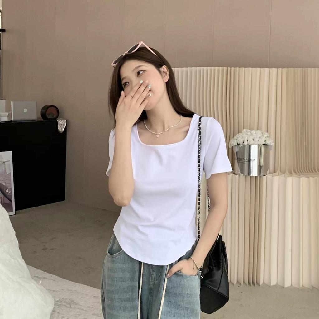 New design ins square neck short-sleeved front shoulder T-shirt women's summer sweet hottie curved hem slim-fit short top