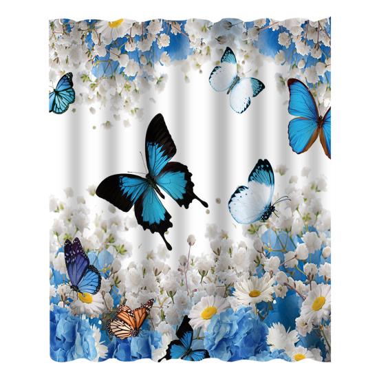 Floral Shower Curtain Spring Farmhouse Bathroom Curtain Waterproof Flowers Butterflies Leaves Bath Curtain with Hooks for Dormitory Shower Bathtub