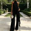 Women's Chiffon 2 Piece Sets, Asymmetrical Halter Sleeveless Tops with Wide Leg Pants Summer Outfits, Casual Vacation Lounge Matching Set