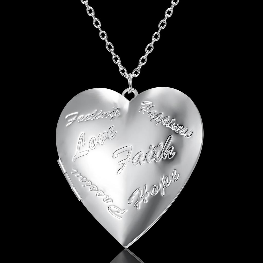 Collana con Ciondolo Medaglione a Cuore Inciso Placcato Argento con Portafoto per Donna