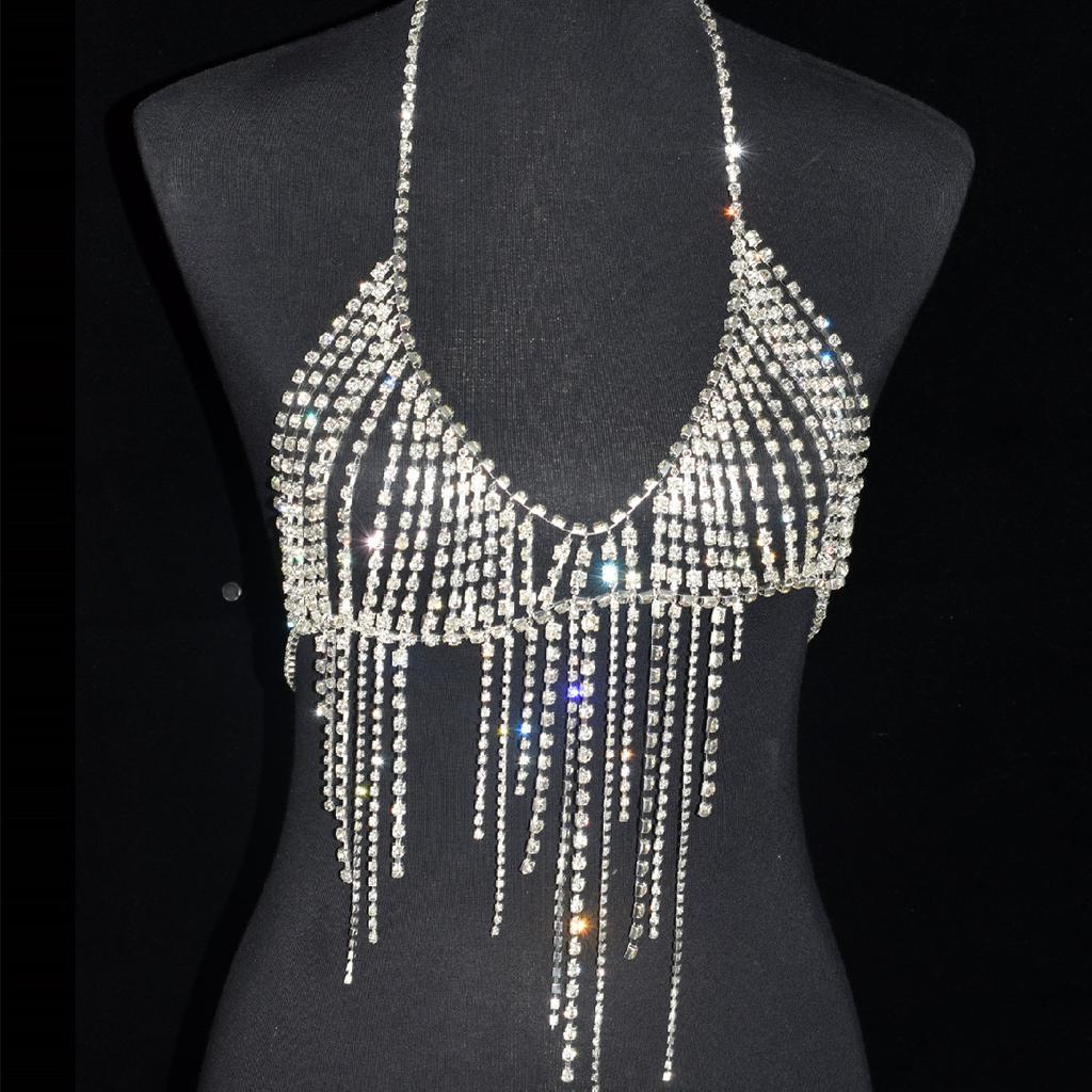 Lenjerie Sexy cu Ciucuri Luxoși Lanț de Corp Strălucitor Pentru Femei Sutien cu Cristale Strasuri Accesorii Vestimentare pentru Petrecere de Ziua de Naștere festival
