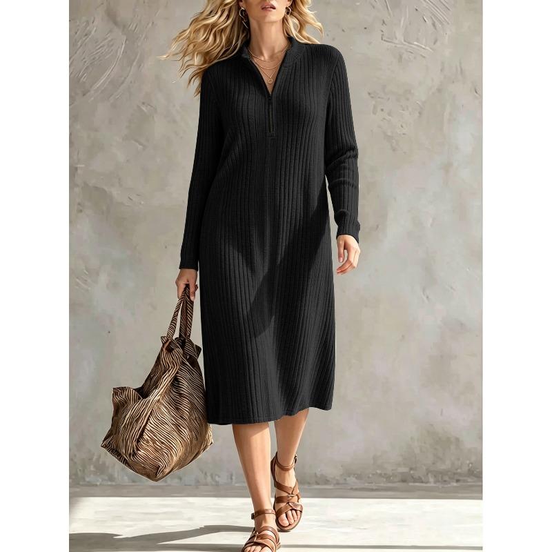 DICFY Women's Fashion Autumn Winter Solid Color Print Long Sleeve V-Neck Casual Dresses