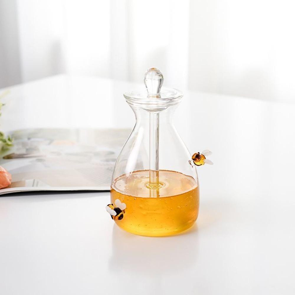 Household Large Capacity Glass Honey Jar Clear Three-dimensional Bee Honey Container With Dipper Rod Syrup Jar Muffin