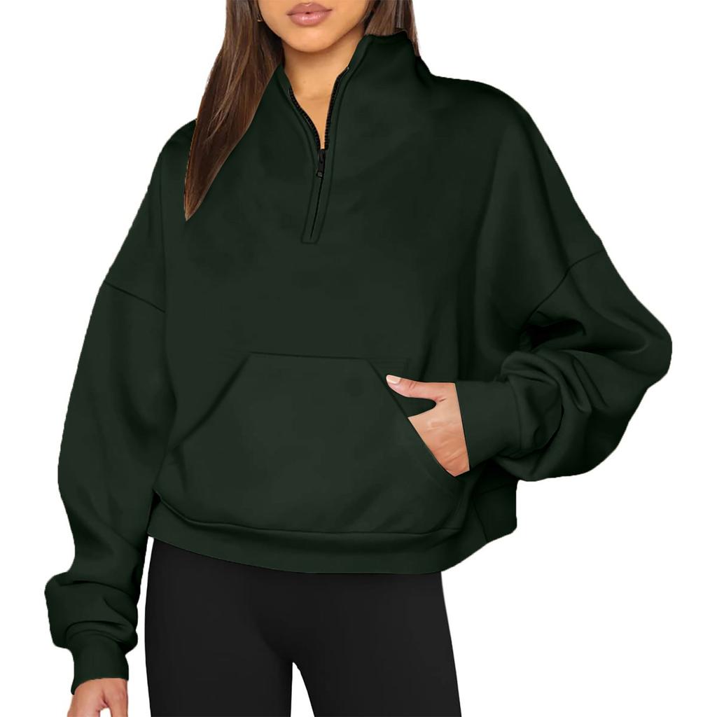 Women's Casual Fashion Long Sleeve Solid Color Zip Pocket Sweatshirt Top