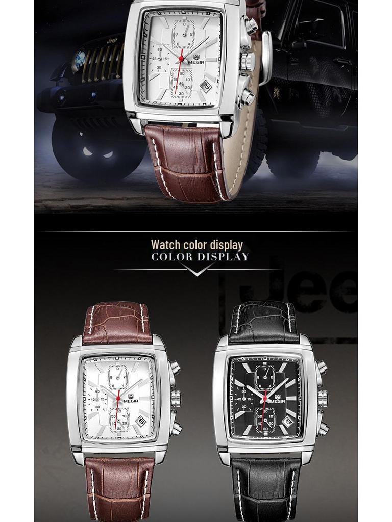 Megir 2028 Fashionable Retro Men's Chronograph Square Leather Watch