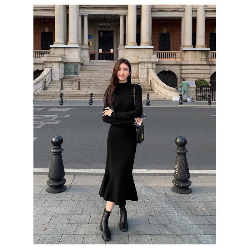 Autumn and winter with a coat, high-end sense, thin semi-turtleneck black dress, temperament fishtail skirt inside