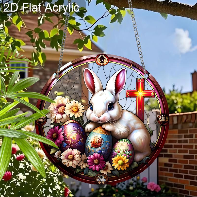 Acrylic Easter Bunny Cross Suncatcher Stained Glass Effect Window Hanging Ornament Easter Religious Gifts